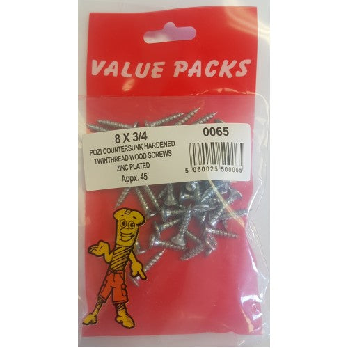Fast Pak 8 X 3/4'' POZI CSK HARDENED TWINTHREAD WOODSCREWS ZINC