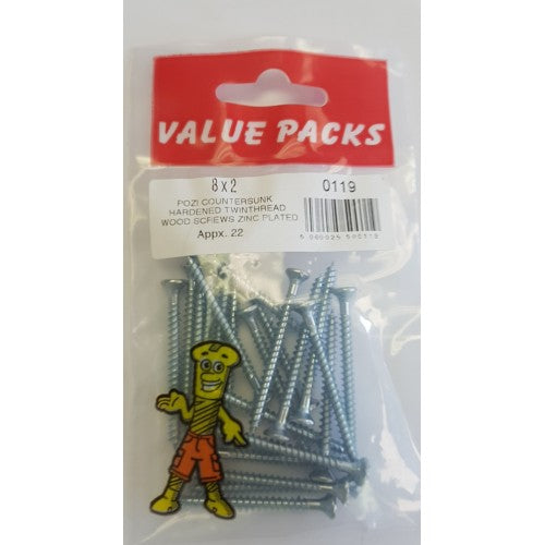 Fast Pak 8 X 2'' POZI CSK HARDENED TWINTHREAD WOODSCREWS ZINC