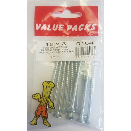 Fast Pak 10 X 3'' POZI CSK HARDENED TWINTHREAD WOODSCREWS ZINC