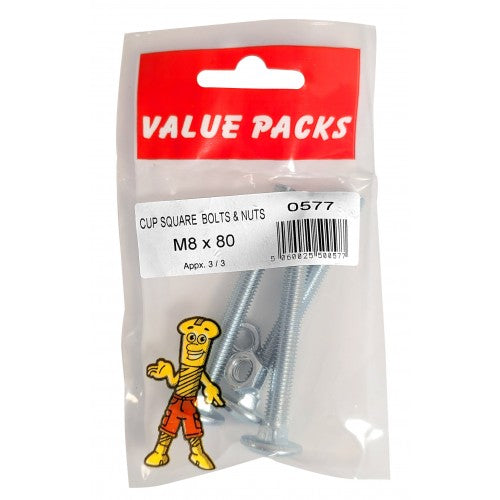 Fast Pak M8 X 80 CUP SQUARE BOLTS & NUTS ZINC