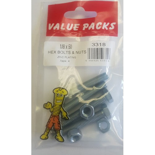 Fast Pak M8 X 50 HEX BOLTS & NUTS ZINC
