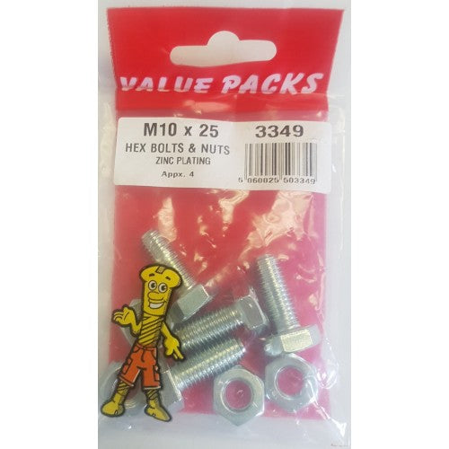 Fast Pak M10 X 25 HEX BOLTS & NUTS ZINC