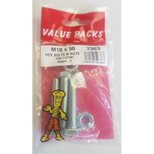 Fast Pak M10 X 50 HEX BOLTS & NUTS ZINC