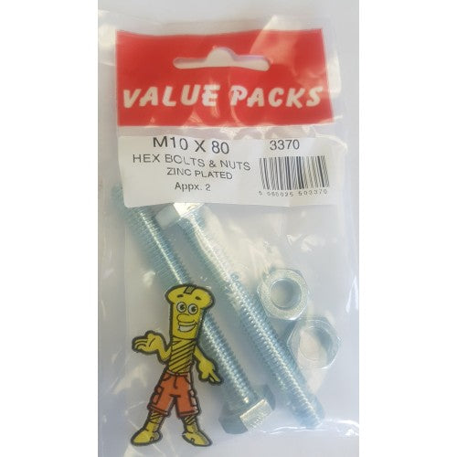 Fast Pak M10 X 80 HEX BOLTS & NUTS ZINC