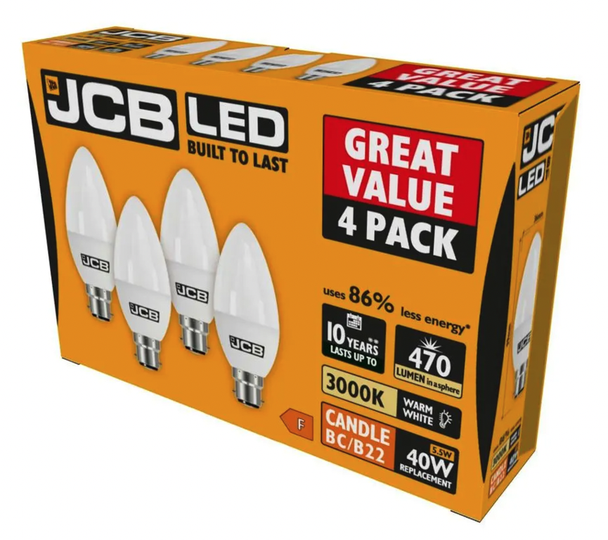 Vela JCB BC 3000k B22 Blanco Cálido 6w Pack 4