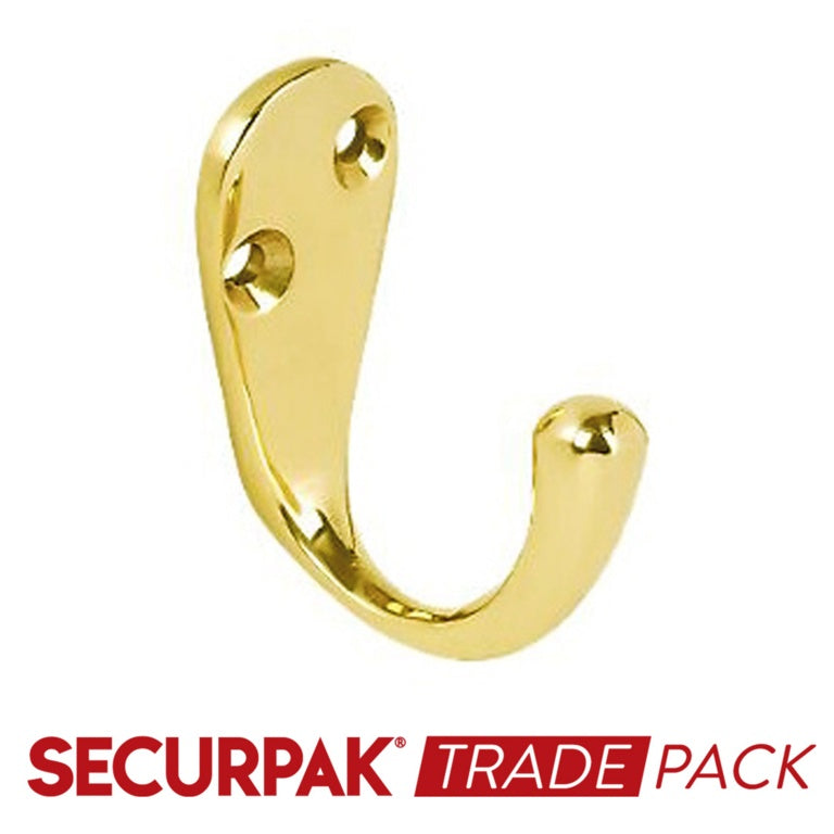 Securpak Coat Hook Brass Plated 50mm 10 Pack