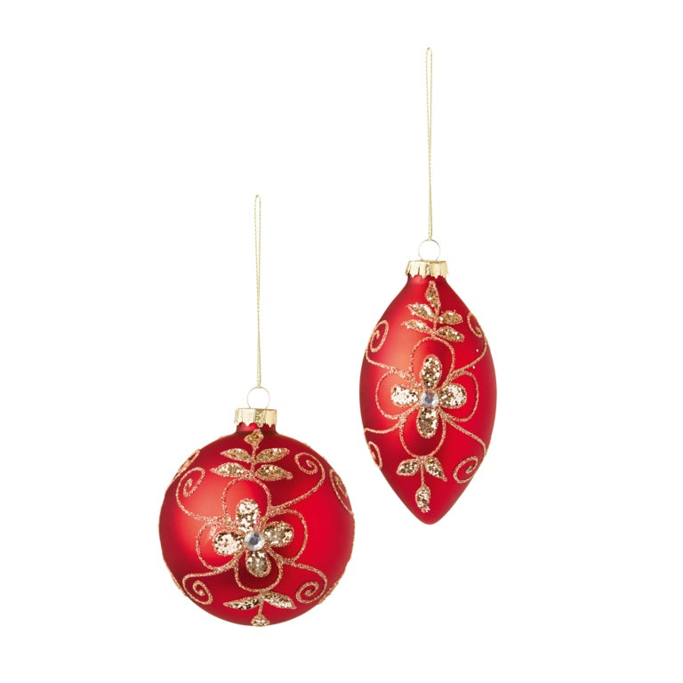 Premier Matt Red & Gold Floral Pattern Glass Ball Drop 80-110mm