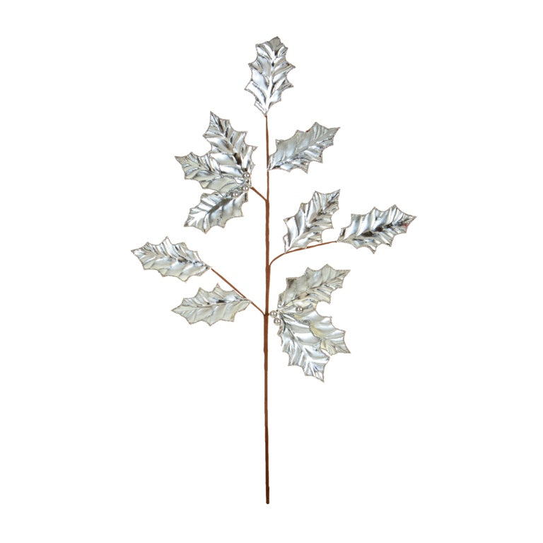 Premier Silver Metallic Holly & Berry Stem 70cm