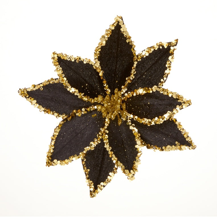 Premier Black Poinsettia With Gold Beading & Sequins Clip On 20cm