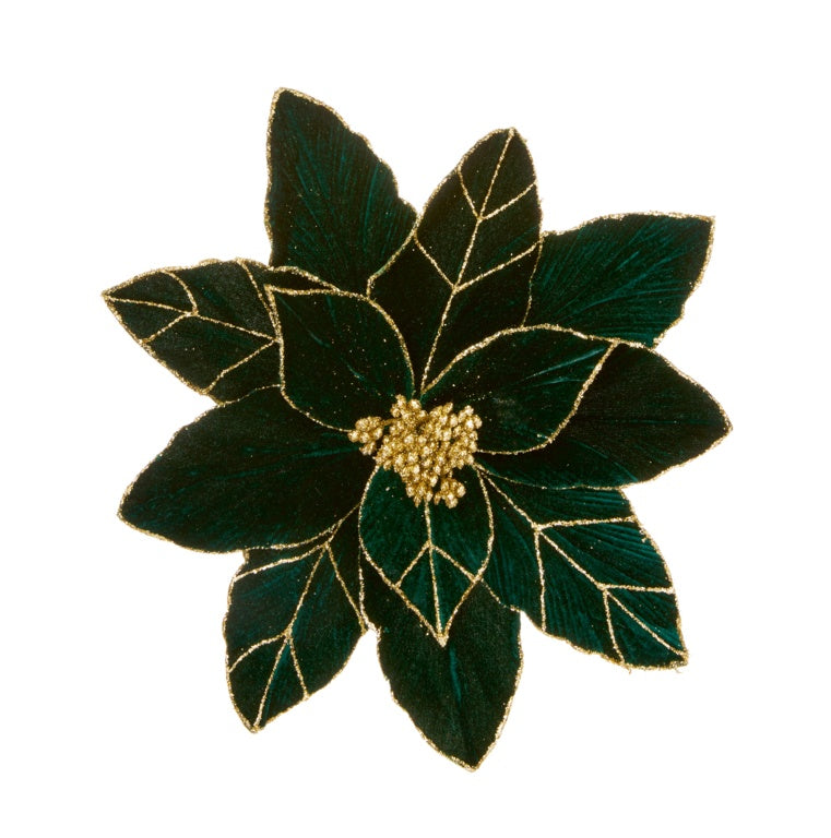 Premier Emerald Green Poinsettia With Gold Glitter Clip On 29cm