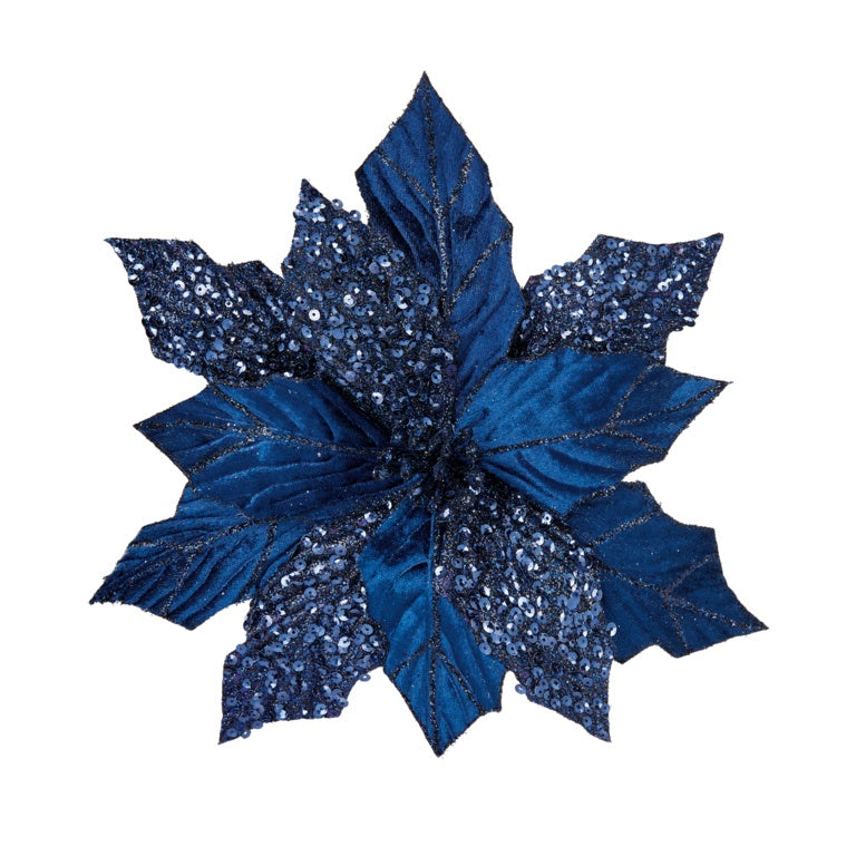 Premier Blue Poinsettia With Glitter Clip On 30cm