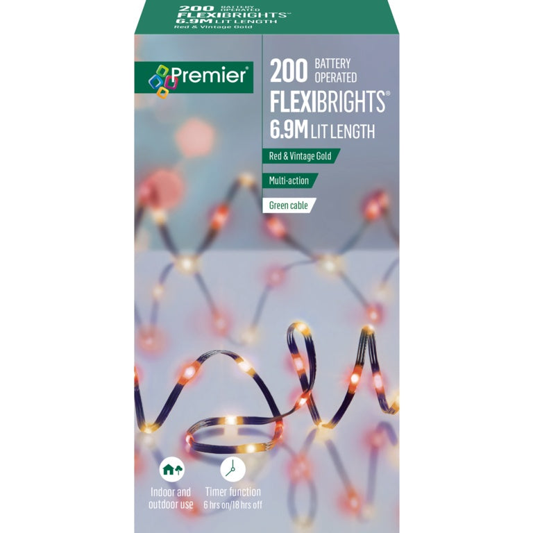 Premier Battery Operated Multi-action LED FlexiBrights Red & Vintage Gold 200 LED