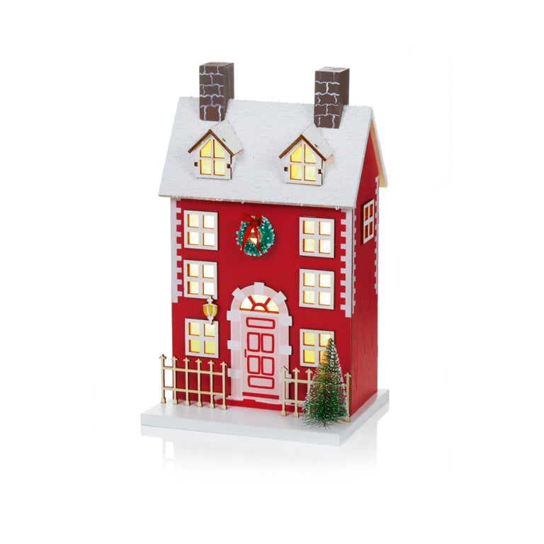 Premier Battery Operated Lit Red House With Tree Scene 29cm