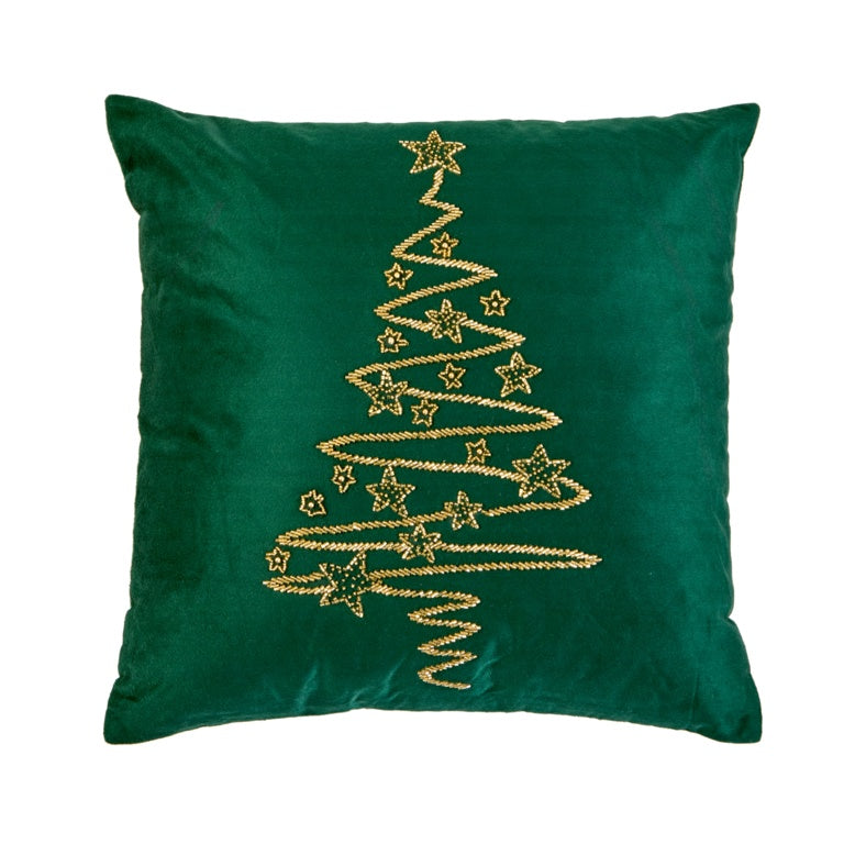 Premier Dark Green Velvet Cushion With Beaded Tree 45 x 45cm