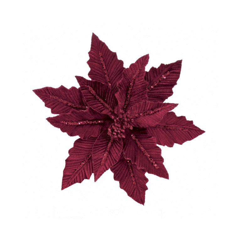Premier Burgndy Velvet Poinsettia With Glitter Clip On 31cm