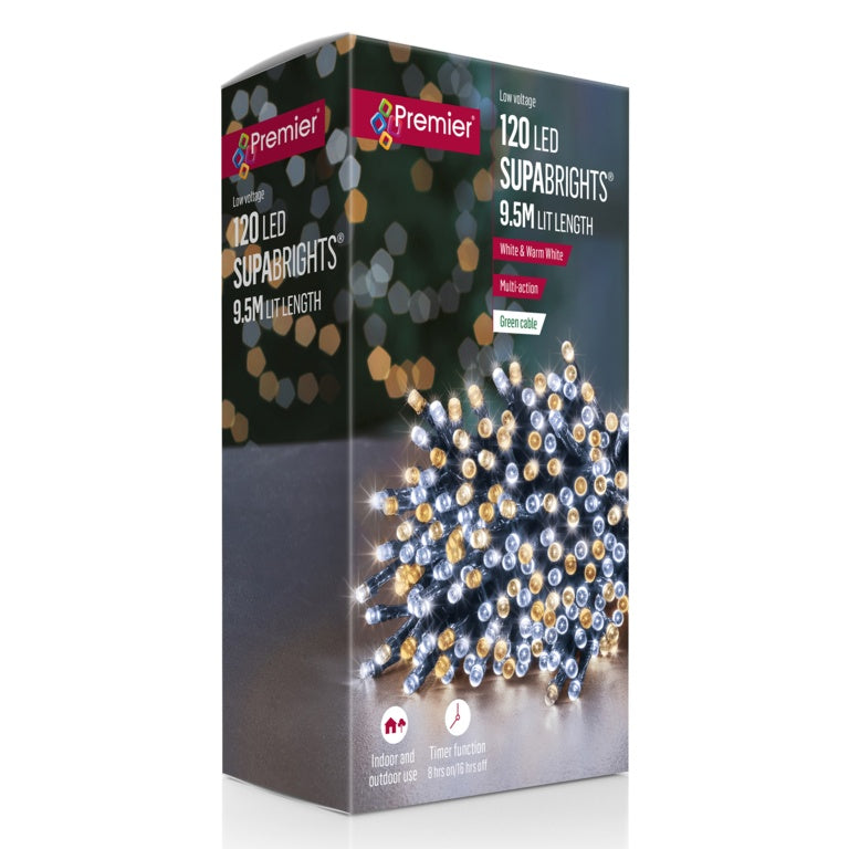 Premier Multi Action 120 LED SupaBrights White & Warm White Green Cable