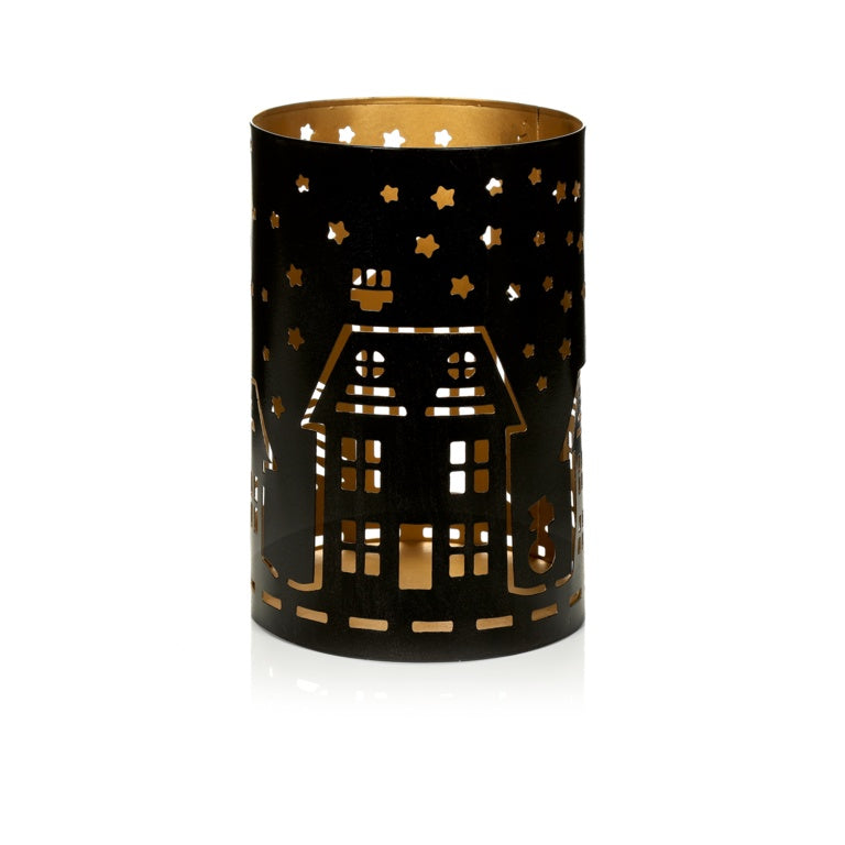 Premier Black & Gold House Scene Tea Light Holder 20cm
