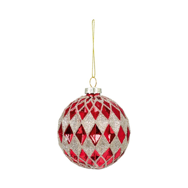 Premier Silver & Red Geo Dimple With Glitter Bauble 80mm