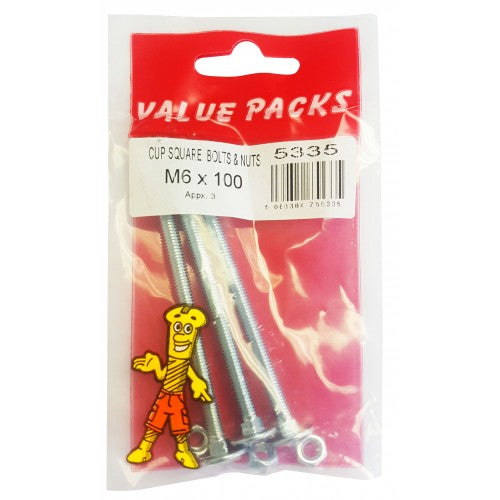 Fast Pak M6 X 100 CUP SQUARE BOLTS & NUTS ZINC