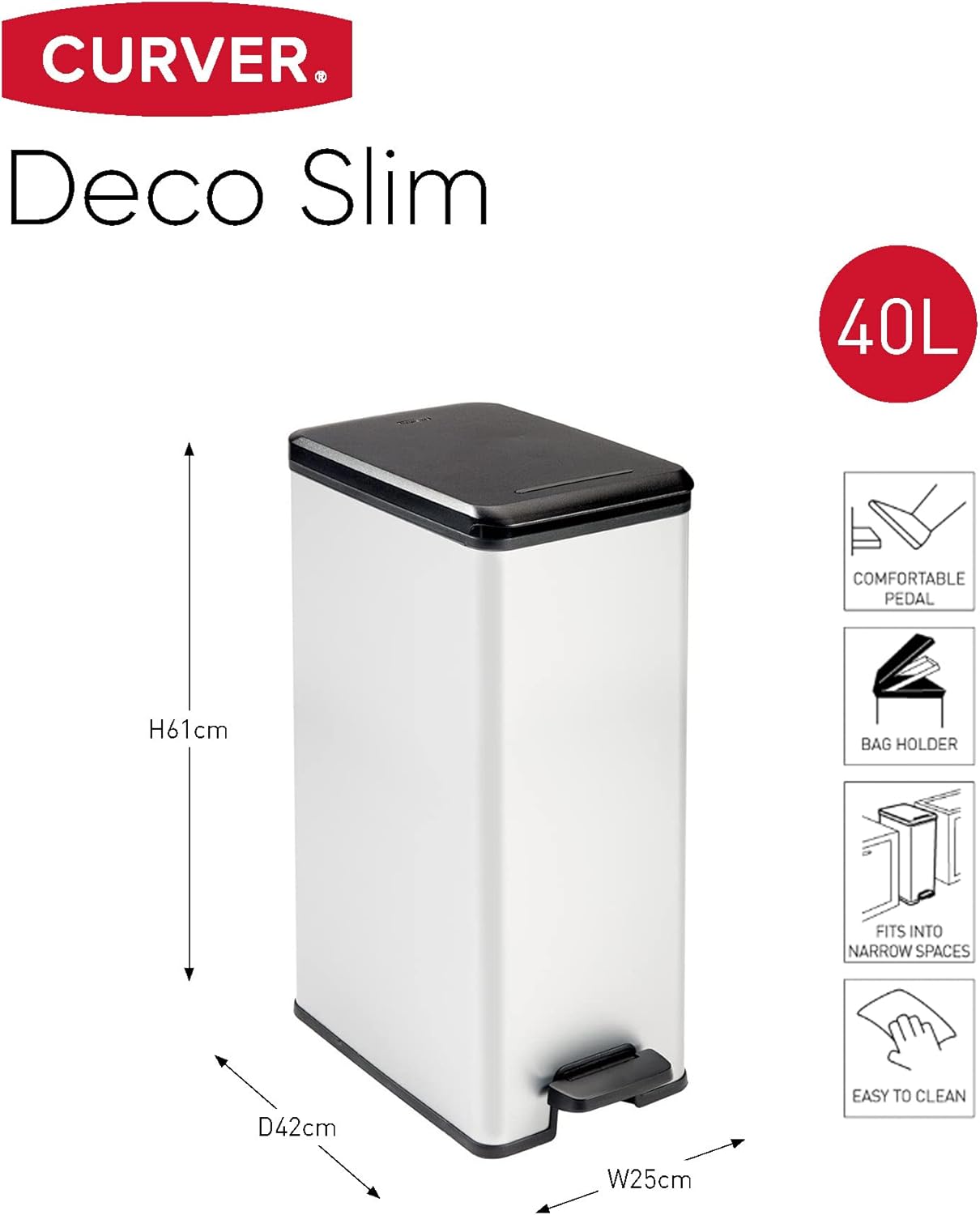 Papelera con pedal Deco con efecto acero inoxidable Slim Line de Curve