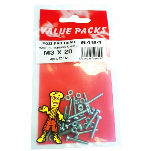 Fast Pak M3 X 20 POZI PAN MACHINE SCREWS & NUTS