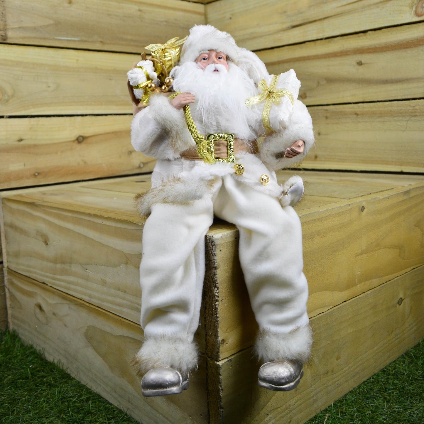 Decorative plush sitting father christmas santa claus in white/cream