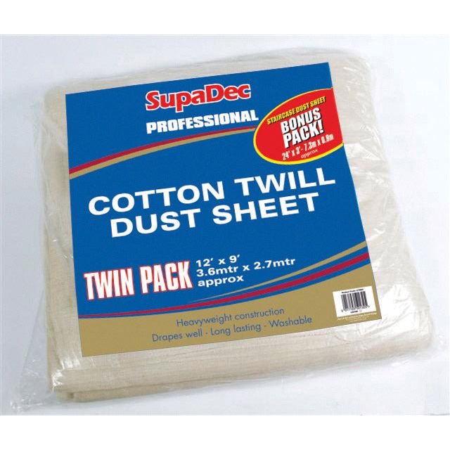 SupaDec Pro Cotton Twill Dust Sheets – Twin Pack 12' x 9' (3.6m x 2.7m approx)