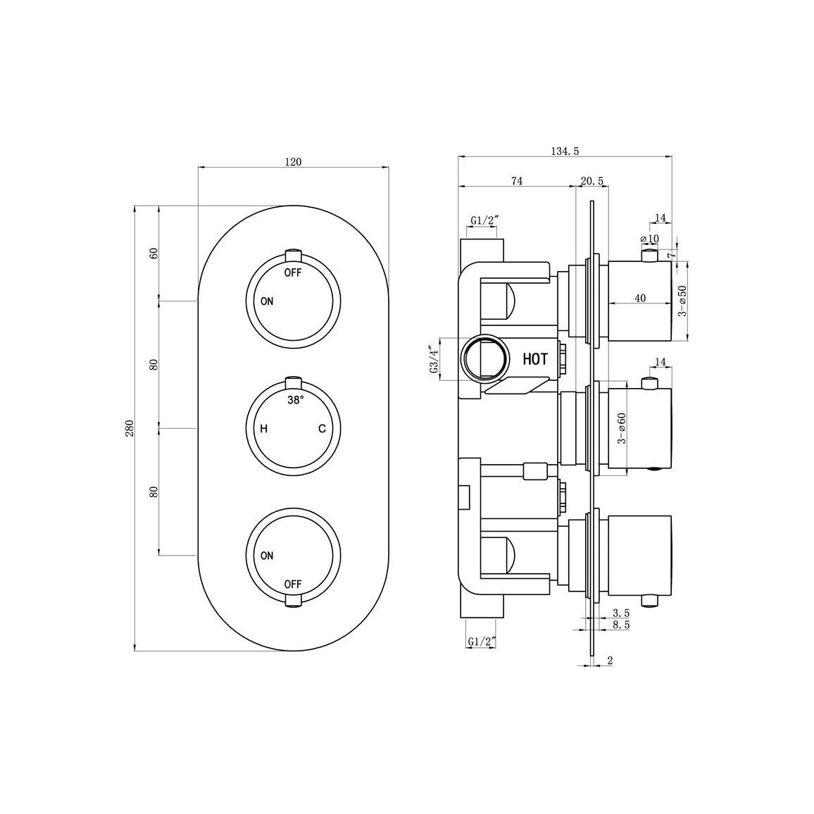 Bethel Thermostatic Two Outlet Triple Shower Valve