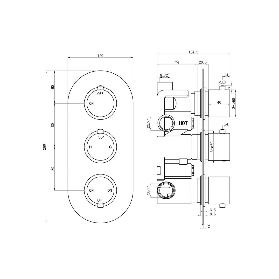Bethel Thermostatic Three Outlet Triple Shower Valve