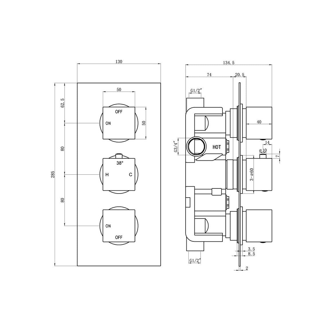 Eubank Thermostatic Two Outlet Triple Shower Valve