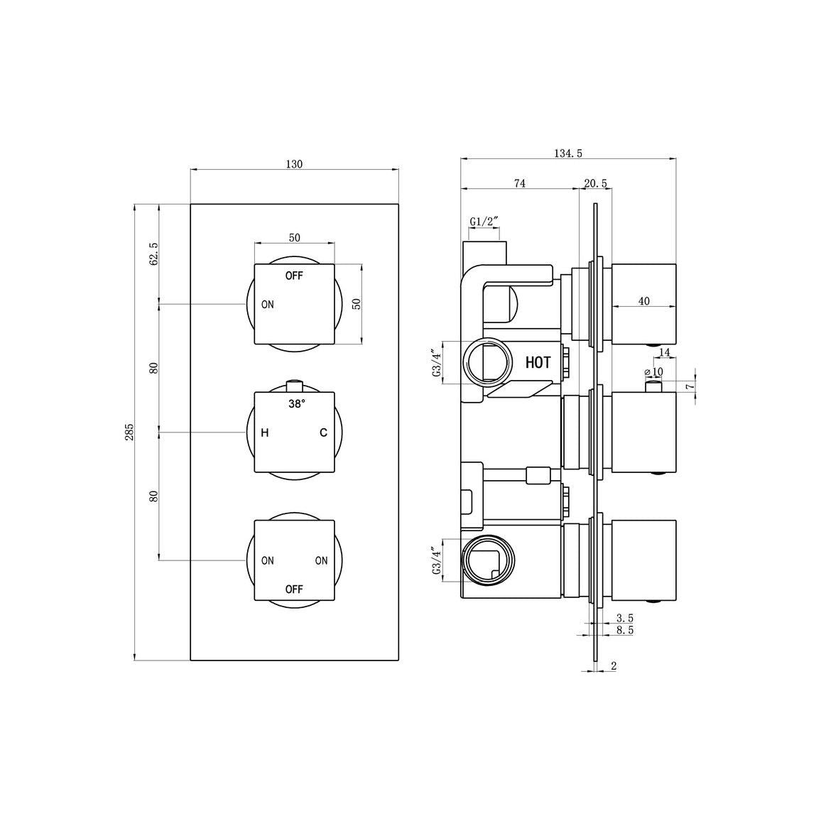 Eubank Thermostatic Three Outlet Triple Shower Valve