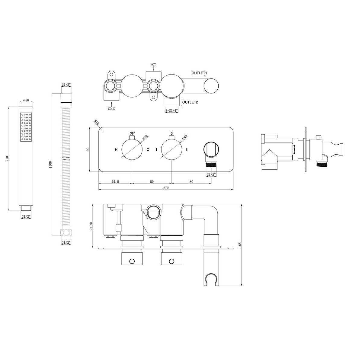 Kellars Shower Pack One - Two Outlet Twin Shower Valve w/Handset & ABS Overhead