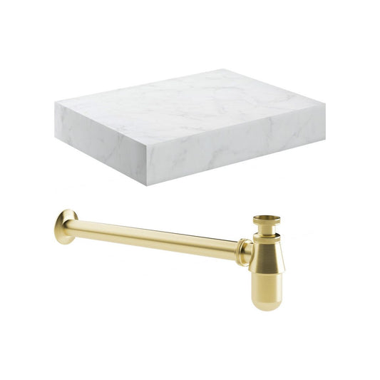 Hayes 600mm Wall Hung White Marble Basin Shelf & Brushed Brass Bottle Trap
