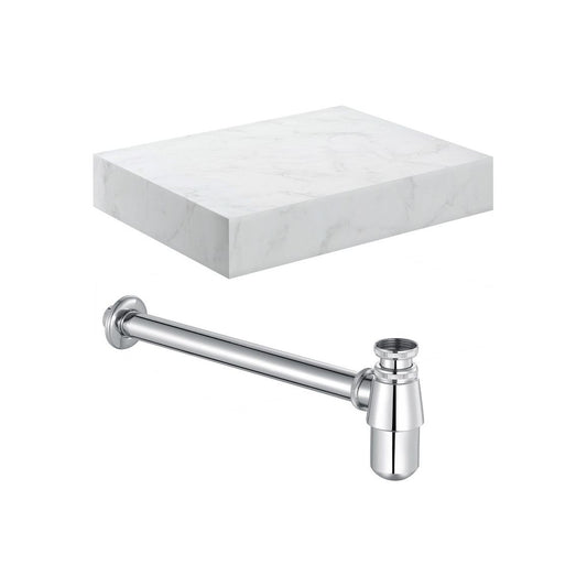 Hayes 600mm Wall Hung White Marble Basin Shelf & Chrome Bottle Trap
