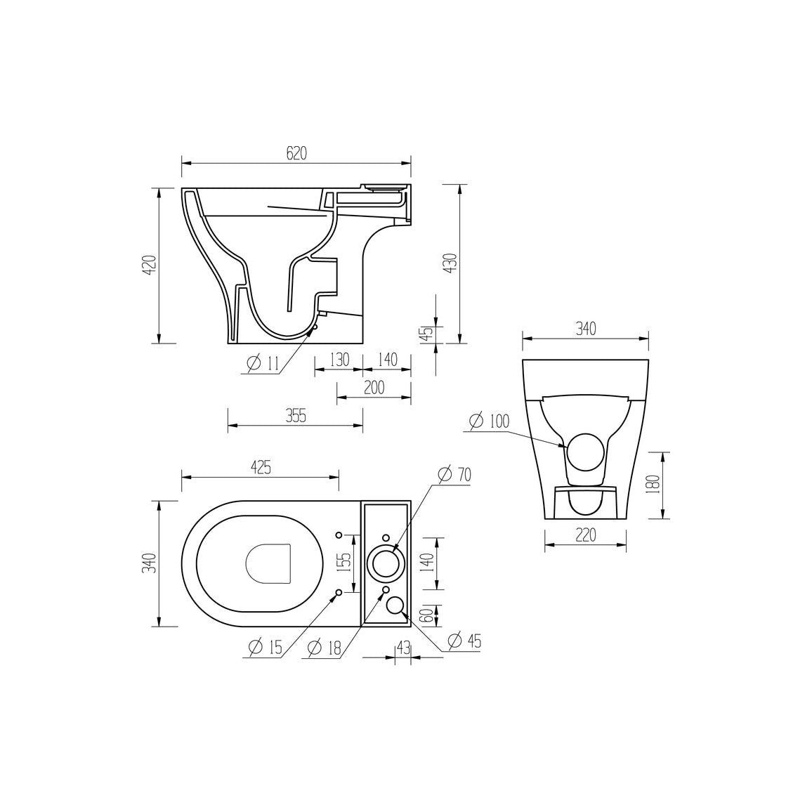 Abba Rimless Short Projection Close Coupled Open Back WC & Soft Close Seat