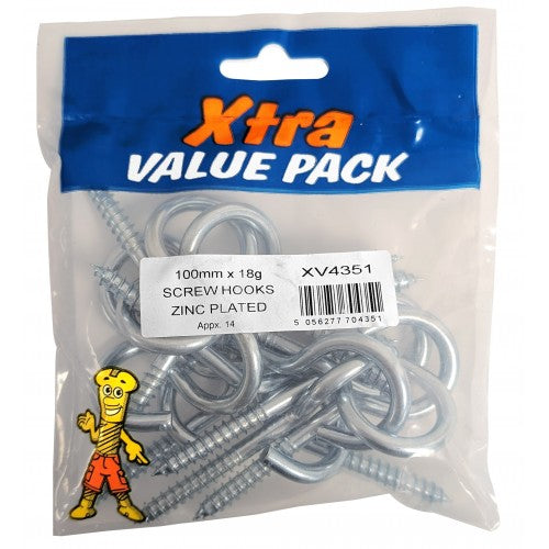 Fast Pak 100mm x 18g SCREW HOOKS ZINC EXTRA VALUE