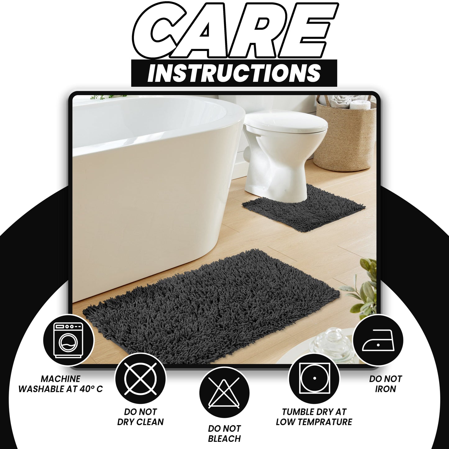 Como 2 Piece Black Bath Mat & Pedestal Set Non-Slip Super Absorbent Cotton Bathroom Mats by OLIVIA ROCCO