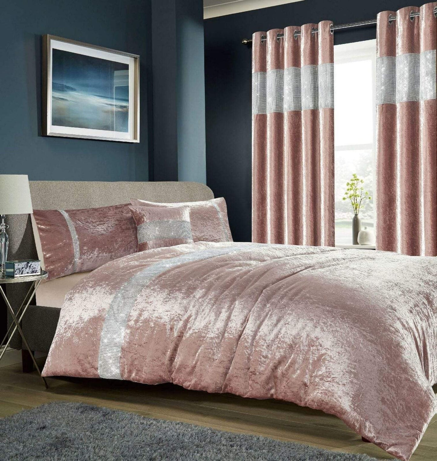 Diamante Crushed Velvet Duvet Set Breathable Luxurious OEKO-TEX Certified Bedding in Double King Super King Sizes Available in Silver Champagne Blush Pink by OLIVIA ROCCO
