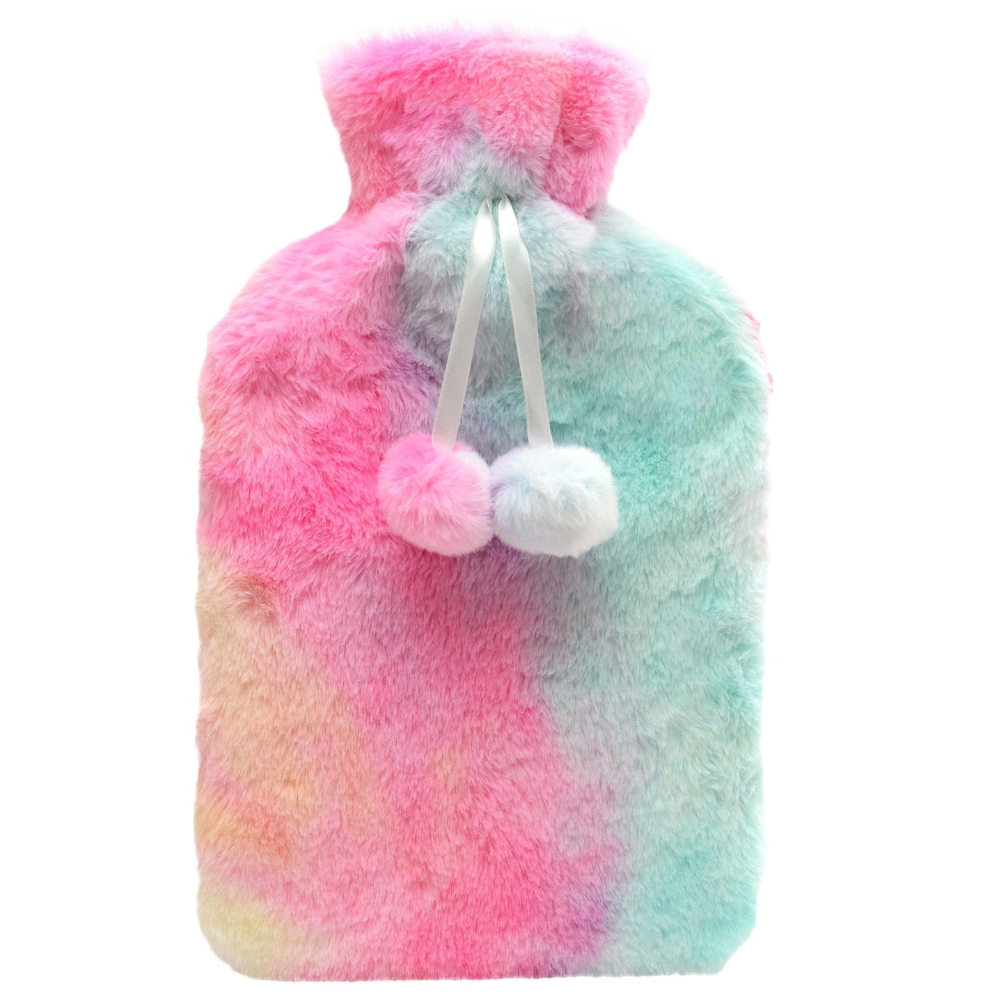 Rainbow Tie Dye Faux Fur Hot Water Bottle with Pom Poms 2L Plush Teddy Fleece Cover for Warmth Natural Rubber UK Safe Tested Ideal Gift for Adults Kids by OLIVIA ROCCO