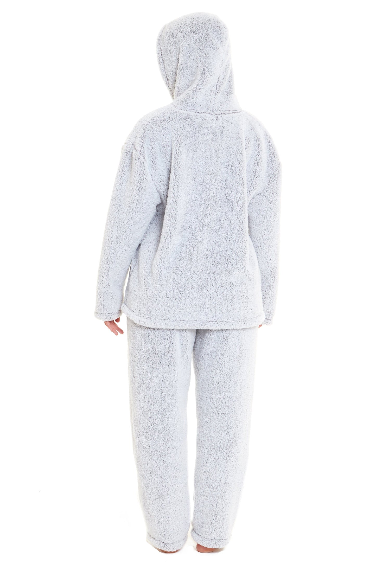 Soft Grey Plush Fleece Hooded Pyjama Set with Zipped Front for Winter Loungewear Ultra-Warm Teddy Fabric Sleepwear Multiple Sizes by Daisy Dreamer