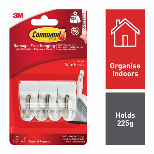 CommandTM Small Wire Hooks 3 Hooks, 4 Small Strips