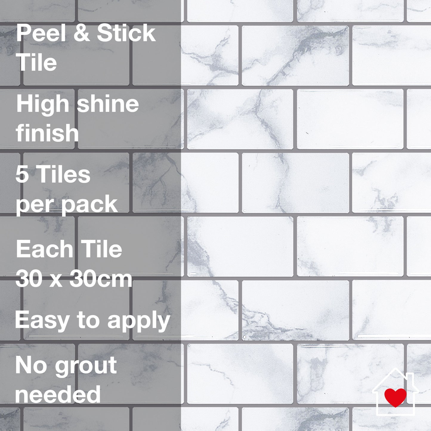 Artifix Wall Tile Marble Brick 30.5x30.5cm Grey (5 Tiles Per Pack)