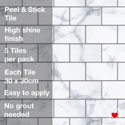 Artifix Wall Tile Marble Brick 30.5x30.5cm Grey (5 Tiles Per Pack)