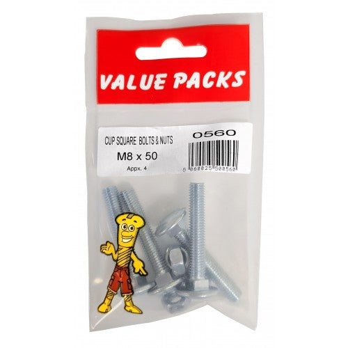 Fast Pak M8 X 50 CUP SQUARE BOLTS & NUTS ZINC