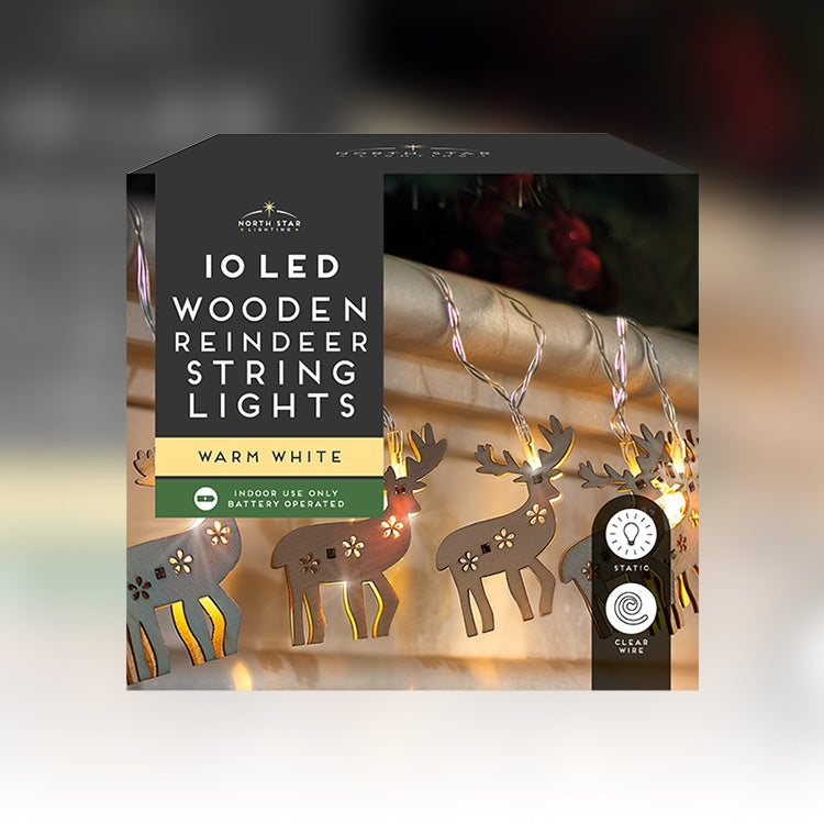 Cadena de luces LED de madera con 10 pilas y renos