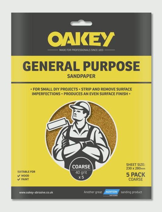 Oakey Papel de lija de uso general, paquete de 5, grueso, 280 x 230 mm