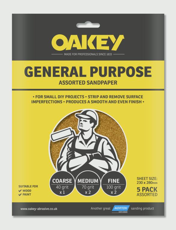 Oakey papier de verre à usage général, paquet de 5 assortis - (1 x C, 2 x M, 2 x F) 280 x 230 mm