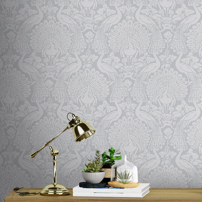 Laura Ashley Peacock Damask Pale Slate Wallpaper (114911)