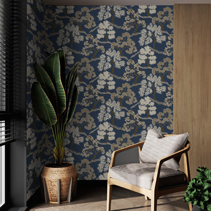 Graham & Brown Trees Dark Blue Gold Wallpaper (121161)