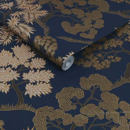 Graham & Brown Trees Dark Blue Gold Wallpaper (121161)